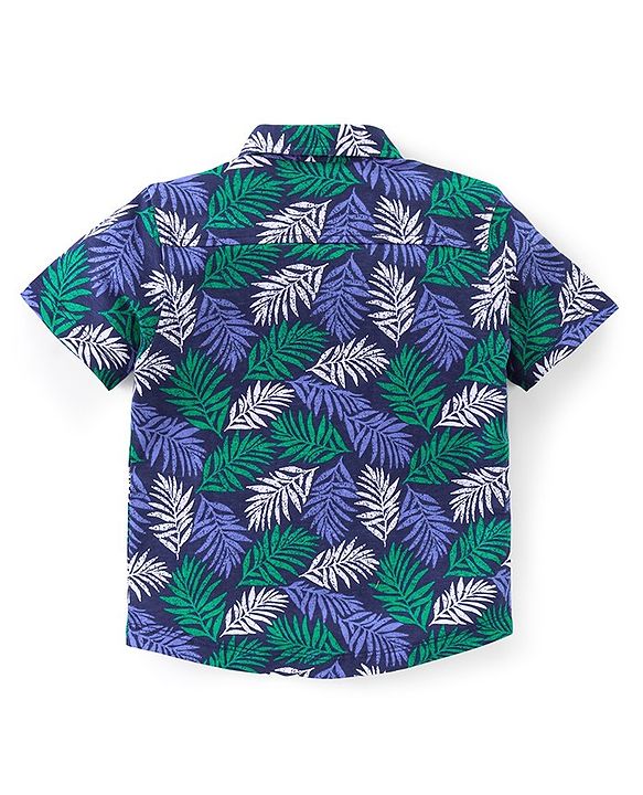 Babyhug Half Sleeves 100% Cotton Knitted Leaves Printed Shirt  - Blue