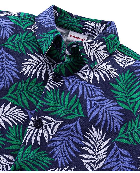 Babyhug Half Sleeves 100% Cotton Knitted Leaves Printed Shirt  - Blue