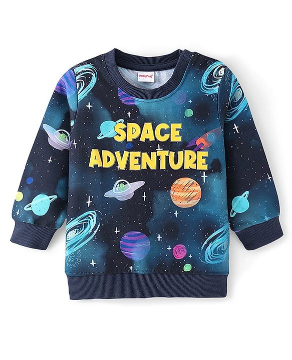 Babyhug Cotton Knit Full Sleeves Sweatshirt with Space Print - Navy Blue