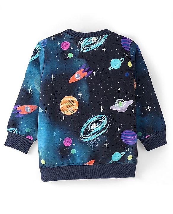 Babyhug Cotton Knit Full Sleeves Sweatshirt with Space Print - Navy Blue