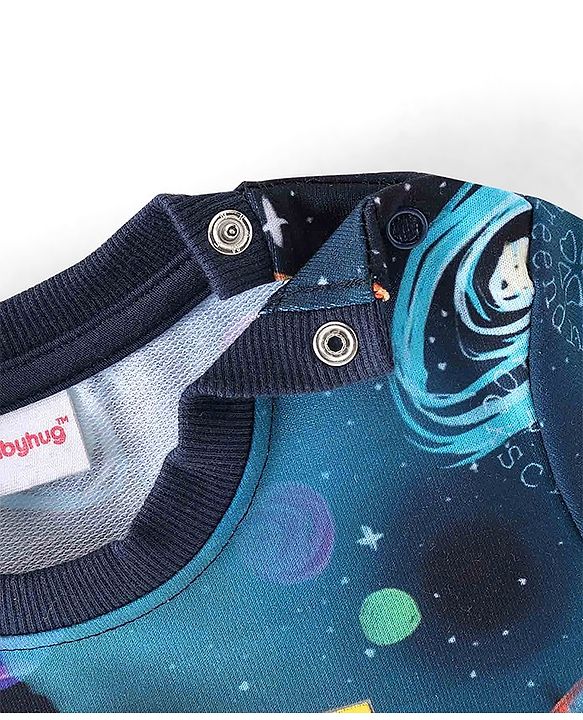 Babyhug Cotton Knit Full Sleeves Sweatshirt with Space Print - Navy Blue