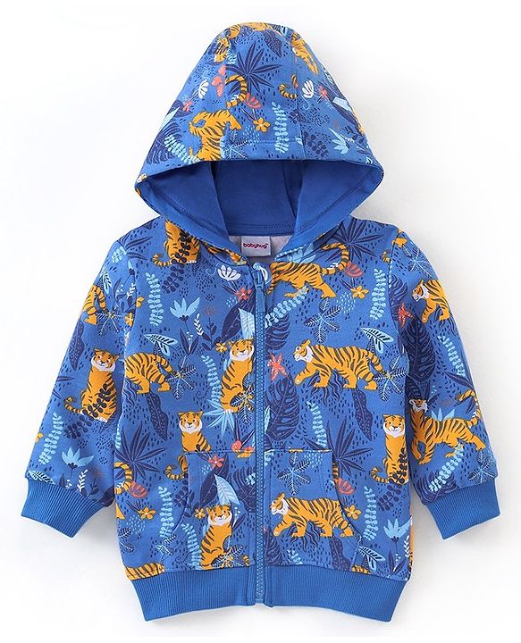 Babyhug Cotton Full Sleeves Hooded Sweat Jacket Tiger Print-  Blue