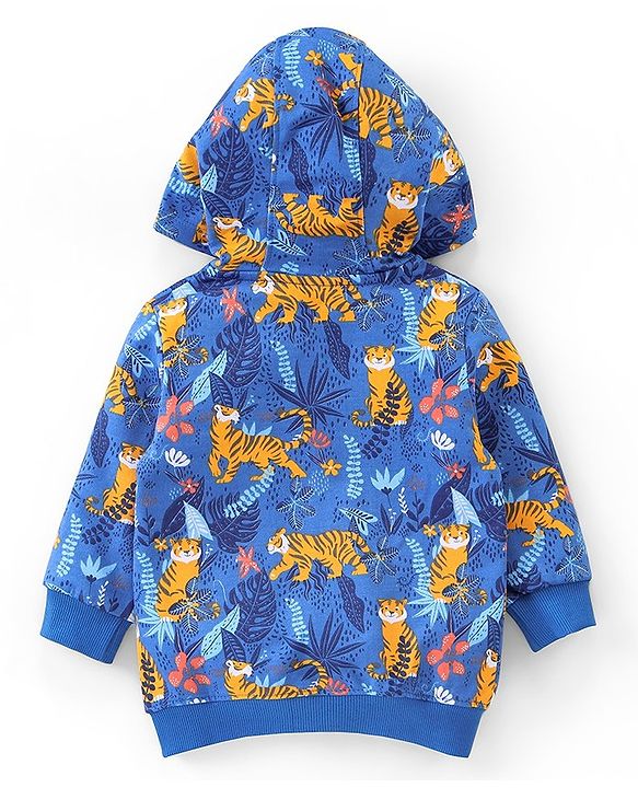 Babyhug Cotton Full Sleeves Hooded Sweat Jacket Tiger Print-  Blue