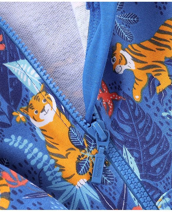 Babyhug Cotton Full Sleeves Hooded Sweat Jacket Tiger Print-  Blue