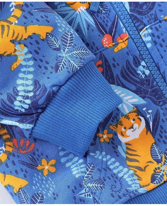 Babyhug Cotton Full Sleeves Hooded Sweat Jacket Tiger Print-  Blue