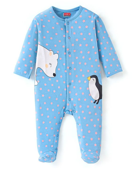 Babyhug Cotton Knit Full Sleeves Sleep Suits With Star & Polar Bear Print - Blue
