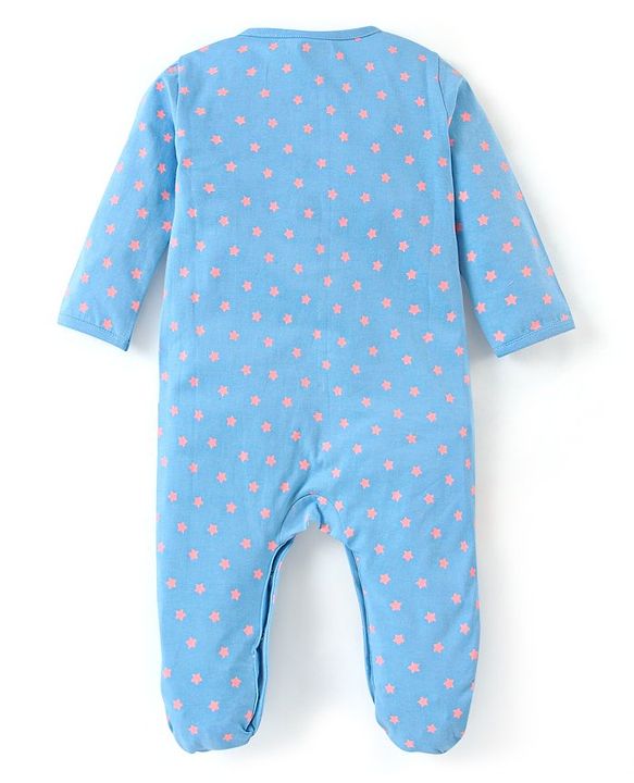 Babyhug Cotton Knit Full Sleeves Sleep Suits With Star & Polar Bear Print - Blue
