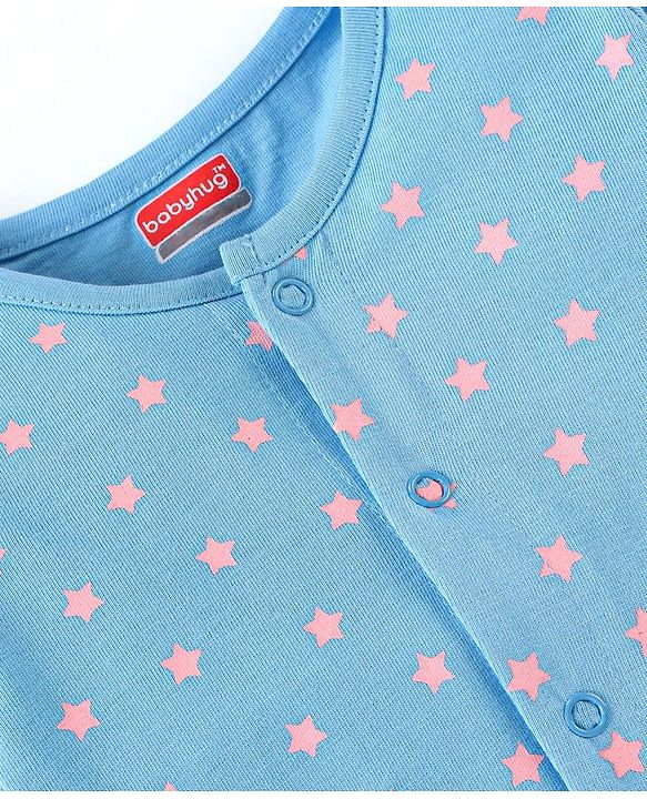 Babyhug Cotton Knit Full Sleeves Sleep Suits With Star & Polar Bear Print - Blue