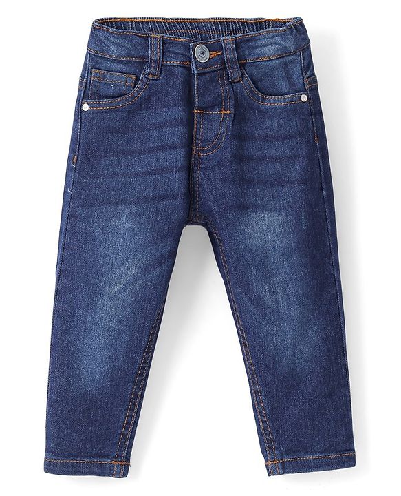 Babyhug Denim Full Length Washed Jeans With Stretch - Dark Blue