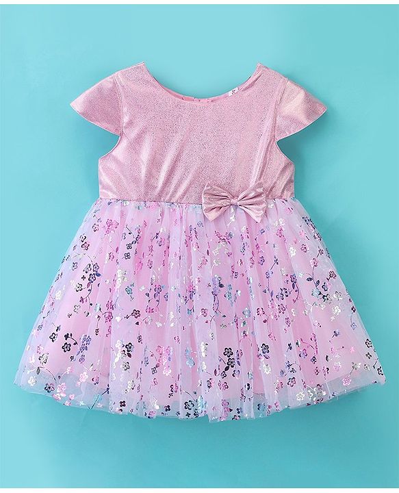 Babyhug Cap Sleeves Foil Printed Flared Party Frock - Pink & White
