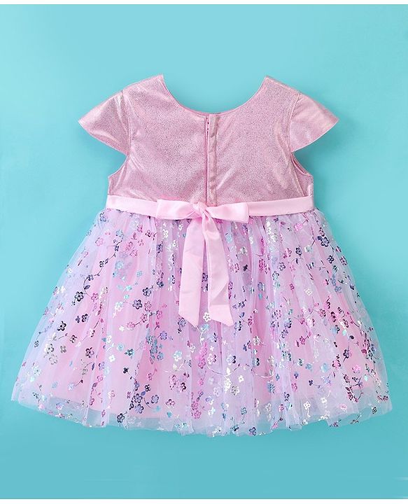 Babyhug Cap Sleeves Foil Printed Flared Party Frock - Pink & White