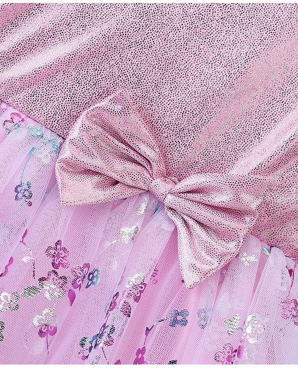 Babyhug Cap Sleeves Foil Printed Flared Party Frock - Pink & White