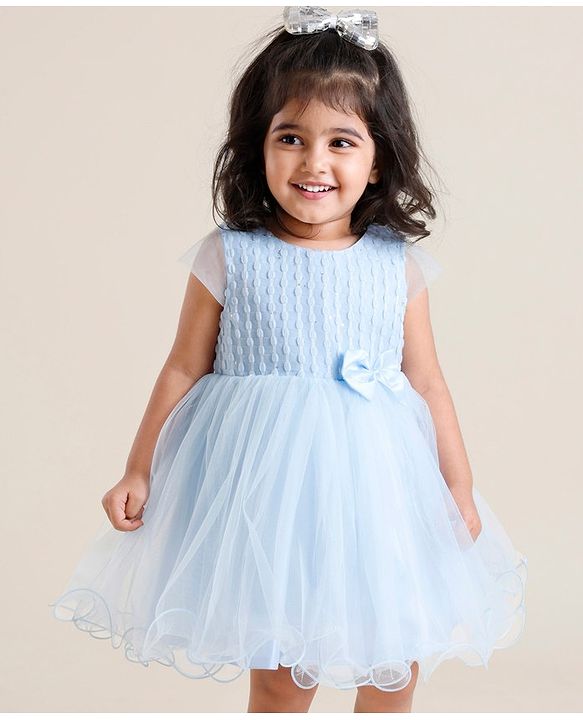 Babyhug Sleeveless   Party Frock With Mesh & Bow Applique - Frozen Blue