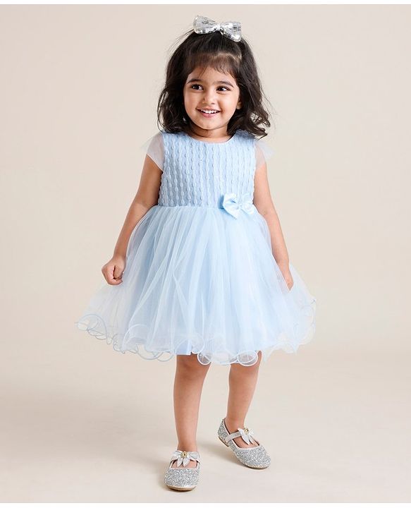 Babyhug Sleeveless   Party Frock With Mesh & Bow Applique - Frozen Blue