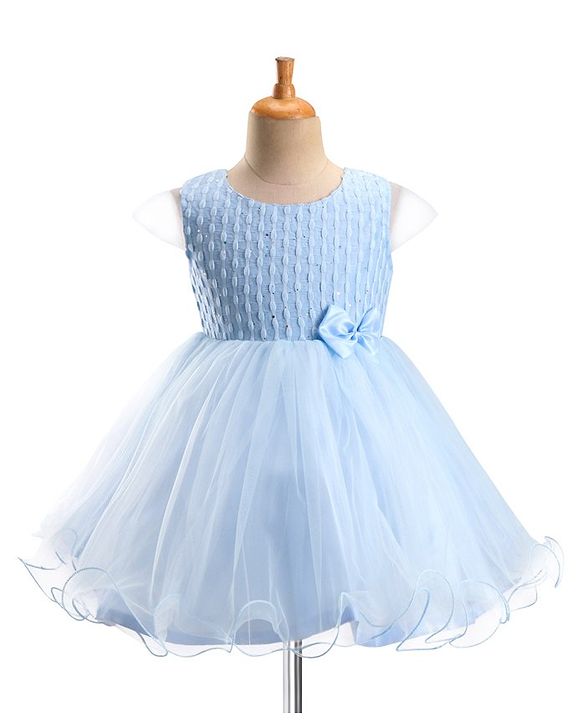 Babyhug Sleeveless   Party Frock With Mesh & Bow Applique - Frozen Blue