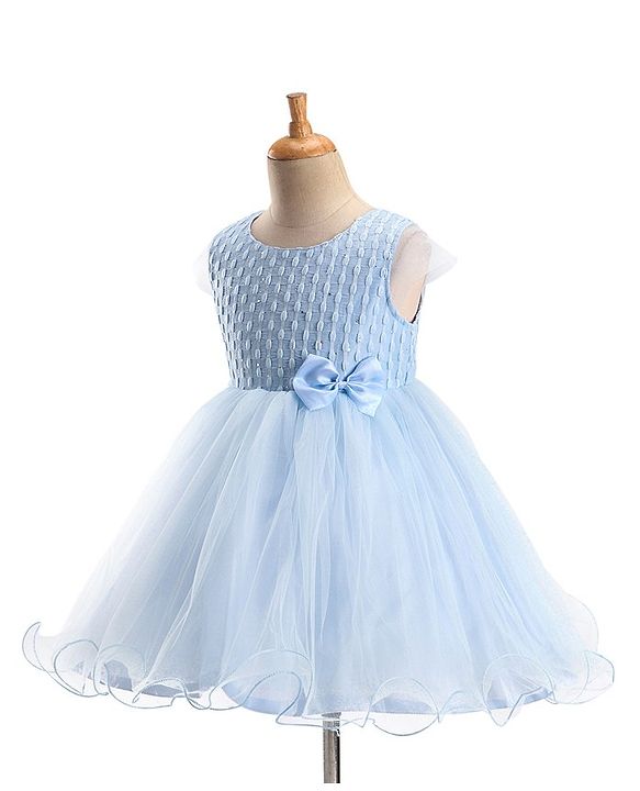 Babyhug Sleeveless   Party Frock With Mesh & Bow Applique - Frozen Blue