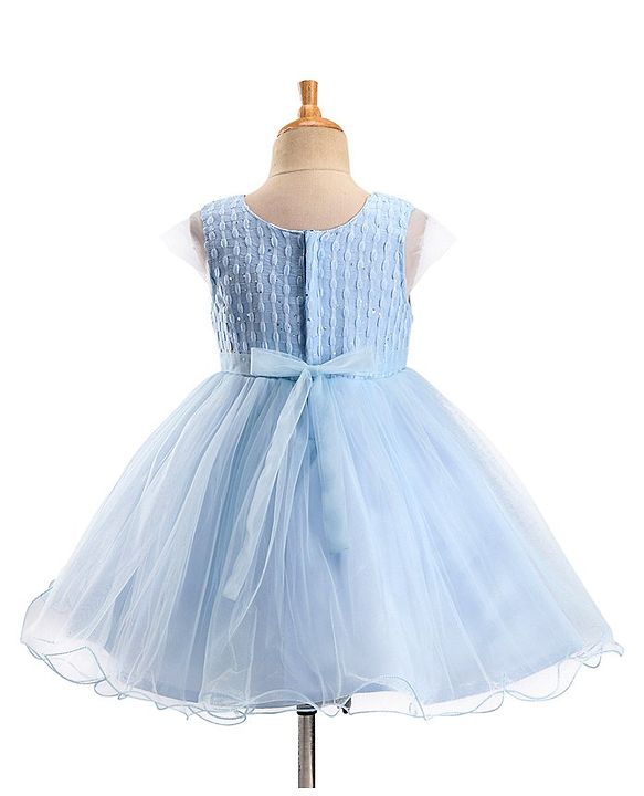 Babyhug Sleeveless   Party Frock With Mesh & Bow Applique - Frozen Blue