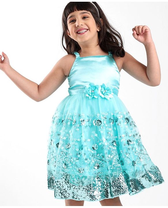 Babyhug Sleeveless Party Frock With Floral Applique & Sequine Detailing - Green