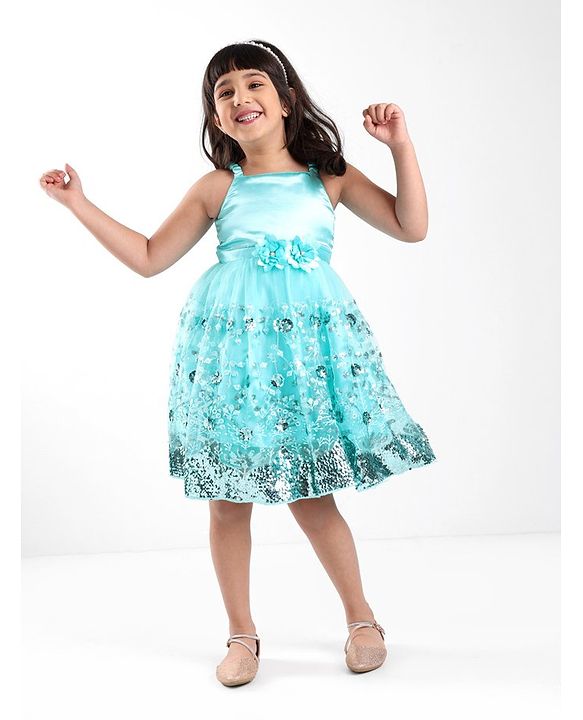 Babyhug Sleeveless Party Frock With Floral Applique & Sequine Detailing - Green