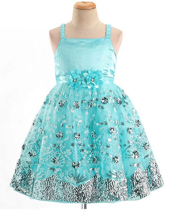 Babyhug Sleeveless Party Frock With Floral Applique & Sequine Detailing - Green