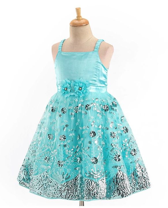 Babyhug Sleeveless Party Frock With Floral Applique & Sequine Detailing - Green