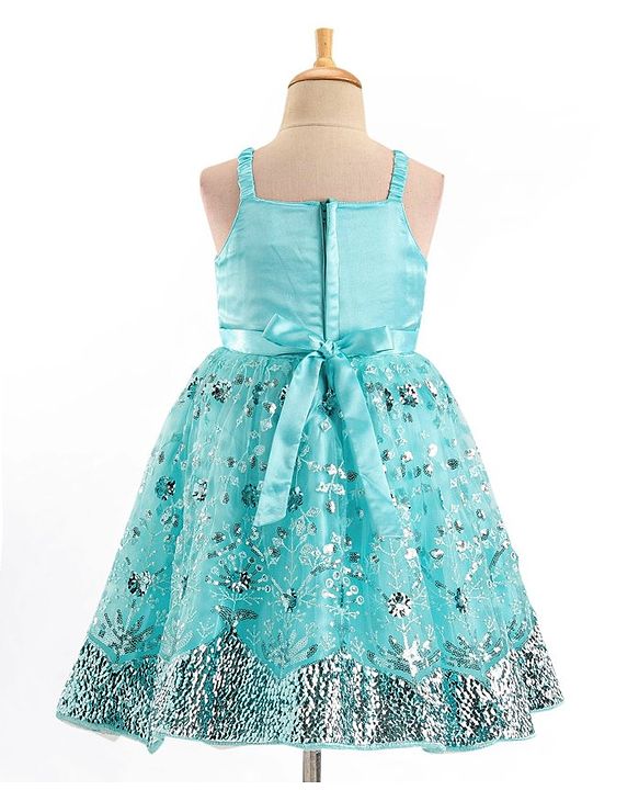 Babyhug Sleeveless Party Frock With Floral Applique & Sequine Detailing - Green