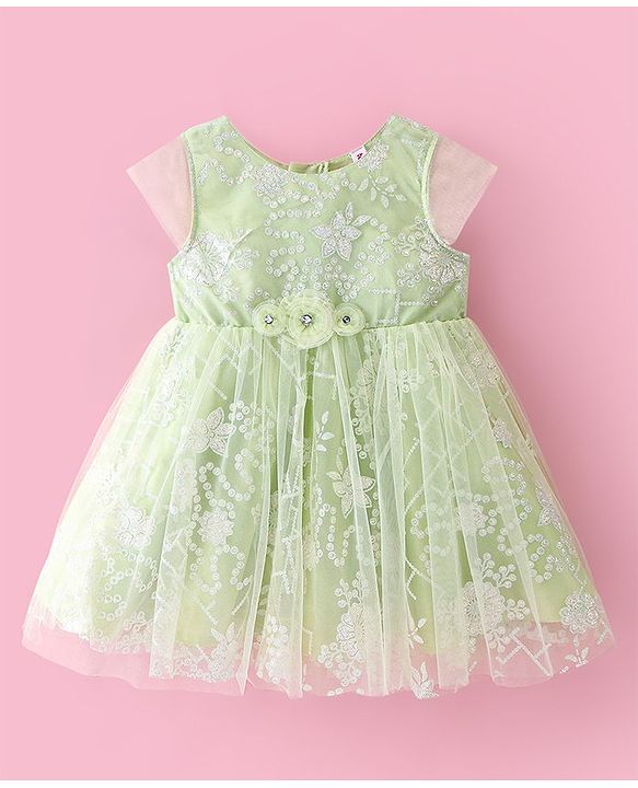 Babyhug Cap Sleeves Frock with Floral Glitter Print & Applique - Mint Green