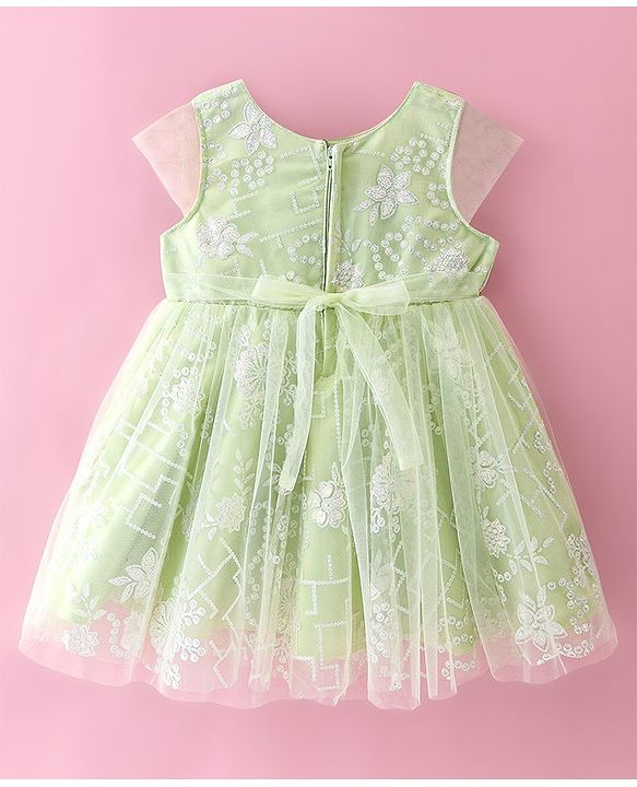 Babyhug Cap Sleeves Frock with Floral Glitter Print & Applique - Mint Green