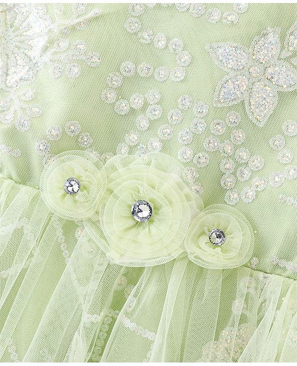 Babyhug Cap Sleeves Frock with Floral Glitter Print & Applique - Mint Green