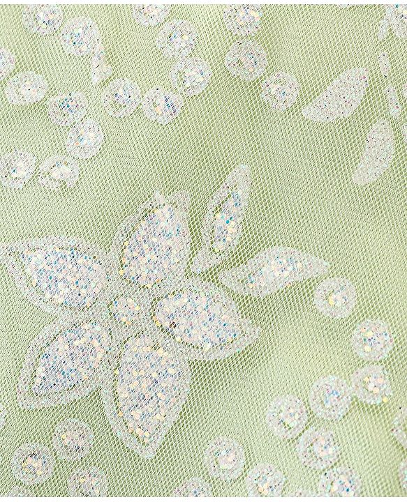 Babyhug Cap Sleeves Frock with Floral Glitter Print & Applique - Mint Green