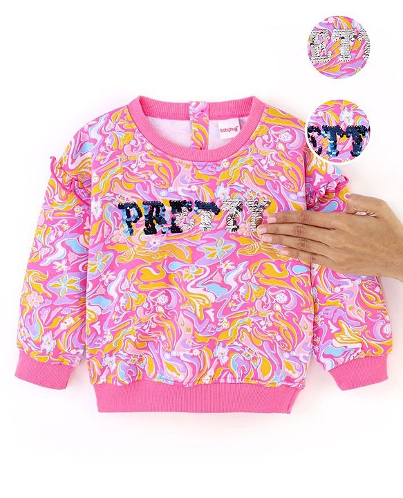 Babyhug Cotton Full Sleeves Drop Shoulder Printed Sweatshirt With Sequins & Frill Detailing- Pink