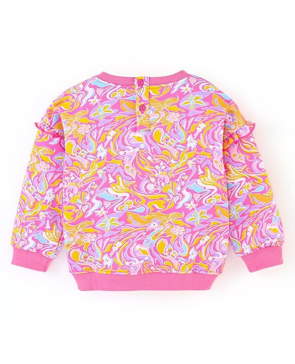Babyhug Cotton Full Sleeves Drop Shoulder Printed Sweatshirt With Sequins & Frill Detailing- Pink