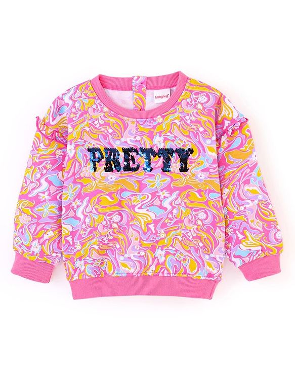 Babyhug Cotton Full Sleeves Drop Shoulder Printed Sweatshirt With Sequins & Frill Detailing- Pink