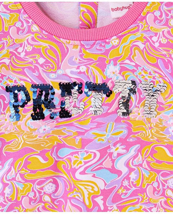 Babyhug Cotton Full Sleeves Drop Shoulder Printed Sweatshirt With Sequins & Frill Detailing- Pink