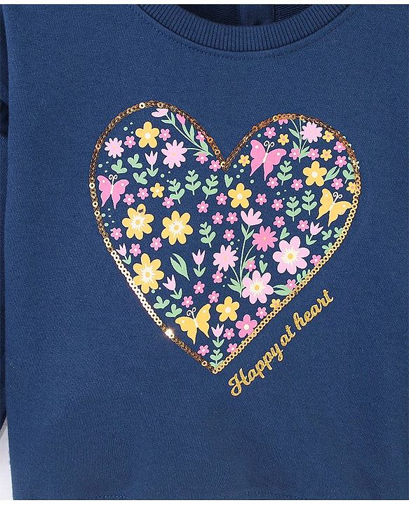 Babyhug Cotton Knit Full Sleeves Sweatshirt with Graphics Sequins & Frill Detailing - Navy Blue