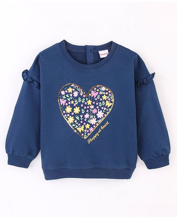 Babyhug Cotton Knit Full Sleeves Sweatshirt with Graphics Sequins & Frill Detailing - Navy Blue
