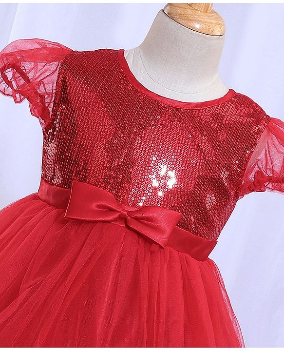 Babyhug Balloon Sleeves Sequin Yoke Party Frock - Red