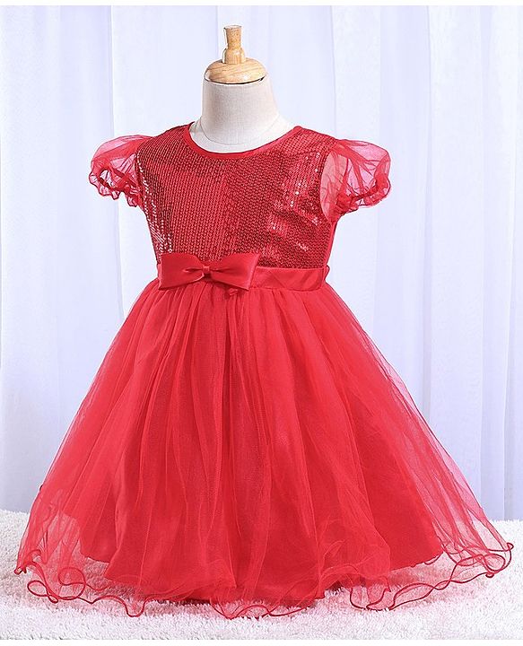 Babyhug Balloon Sleeves Sequin Yoke Party Frock - Red