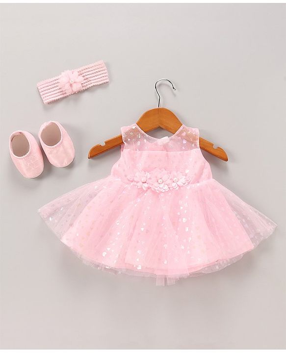 Babyhug Woven Sleeveless Party Dress with Headband & Booties Floral Applique Mesh Detailing - Pink