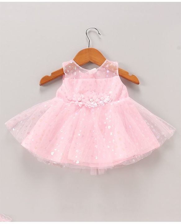 Babyhug Woven Sleeveless Party Dress with Headband & Booties Floral Applique Mesh Detailing - Pink