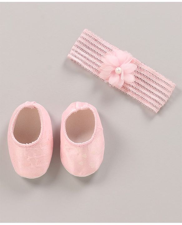 Babyhug Woven Sleeveless Party Dress with Headband & Booties Floral Applique Mesh Detailing - Pink