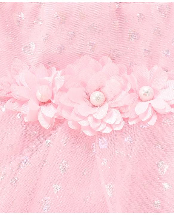 Babyhug Woven Sleeveless Party Dress with Headband & Booties Floral Applique Mesh Detailing - Pink
