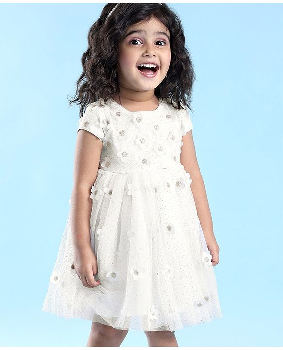 Babyhug Cap Sleeves Floral 3 D Applique Party Frock - White