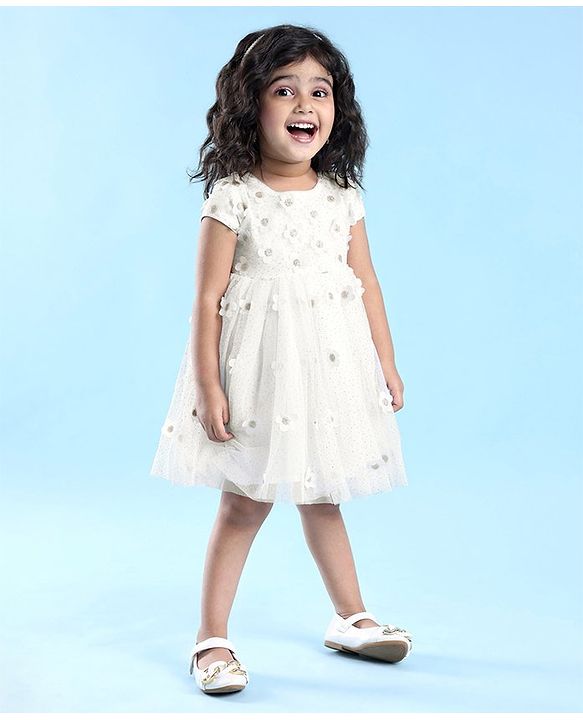 Babyhug Cap Sleeves Floral 3 D Applique Party Frock - White