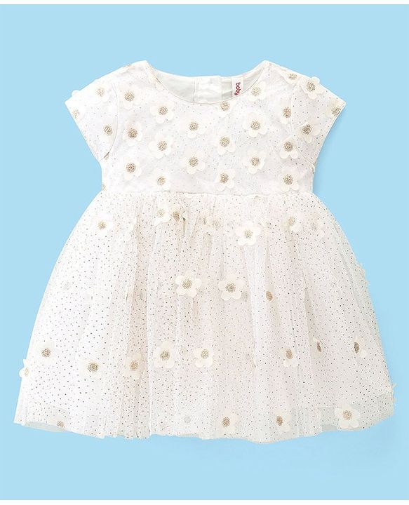 Babyhug Cap Sleeves Floral 3 D Applique Party Frock - White