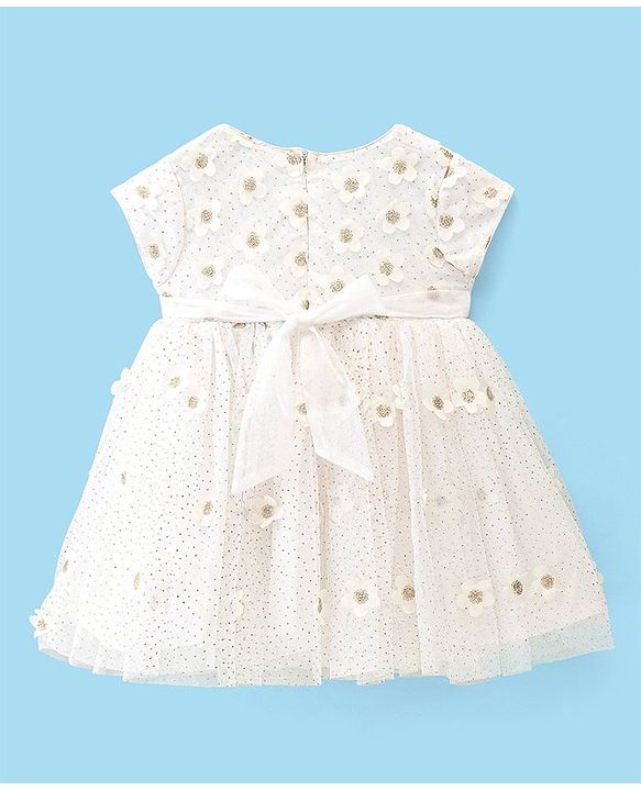Babyhug Cap Sleeves Floral 3 D Applique Party Frock - White