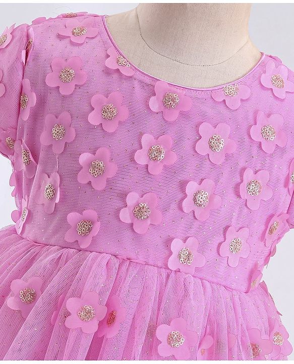 Babyhug Woven Half Sleeves Party Frock with Floral Applique - Lavender