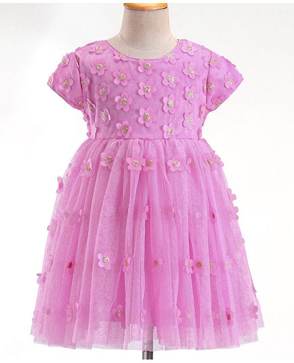 Babyhug Woven Half Sleeves Party Frock with Floral Applique - Lavender