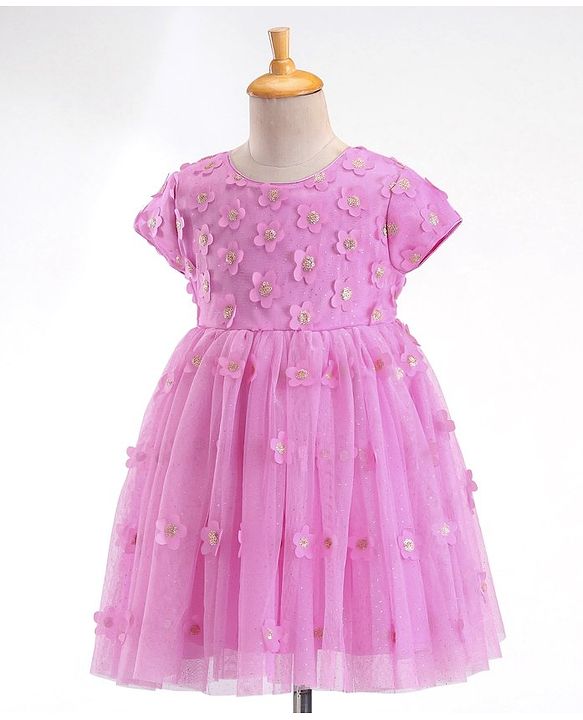 Babyhug Woven Half Sleeves Party Frock with Floral Applique - Lavender