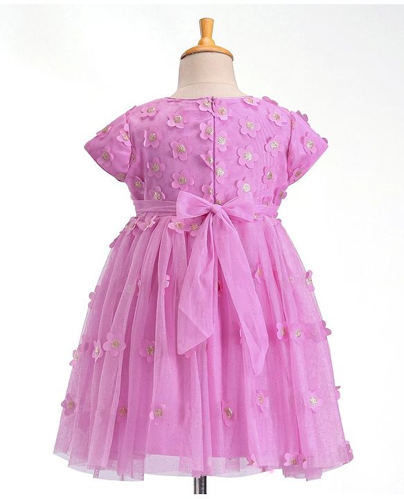 Babyhug Woven Half Sleeves Party Frock with Floral Applique - Lavender
